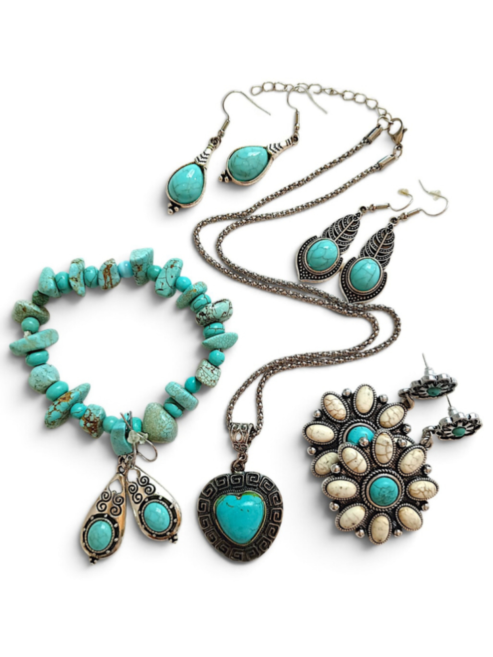 Western Stone Jewelry Collection Turquoise Silver Heart Flower Dyed agate Boho